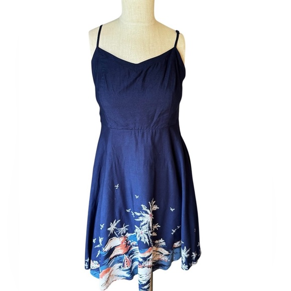 Old Navy Y2K Tropical Beach Scene Strappy A-line Knee Length Navy Sundress Sz S - Picture 1 of 5